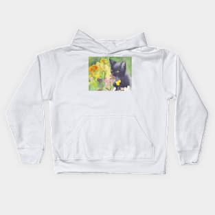 Cat With Flowers, watercolor painting Kids Hoodie